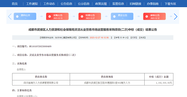 喜訊！瑞方人力再次中標武侯區人社局靈活從業勞務市場運營服務采購項目 第1張